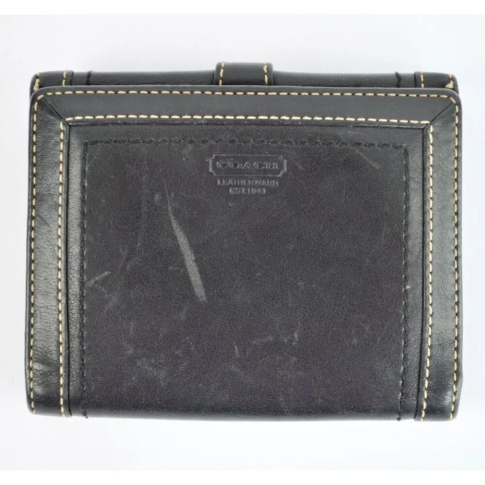 Coach Vintage Black Leather Bifold Wallet Visible Stitching Nickel Hardware Soho